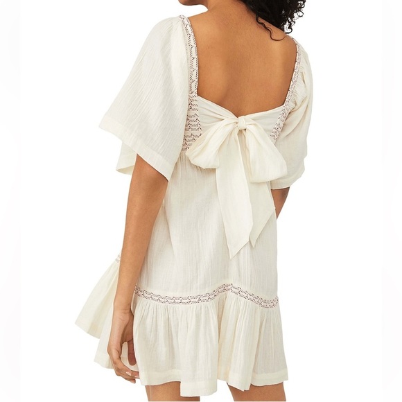 FREE PEOPLE Easy to Love Smocked Trim Mini Dress in Ivory Size M - Picture 3 of 11